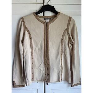 Sigrid Olsen Collection Silk Cotton Zip Cardigan Studded Leather Trim Cream S